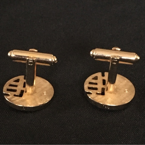 Vintage Round Circle Cufflinks Gold Tone Art Deco Design - Picture 2 of 2